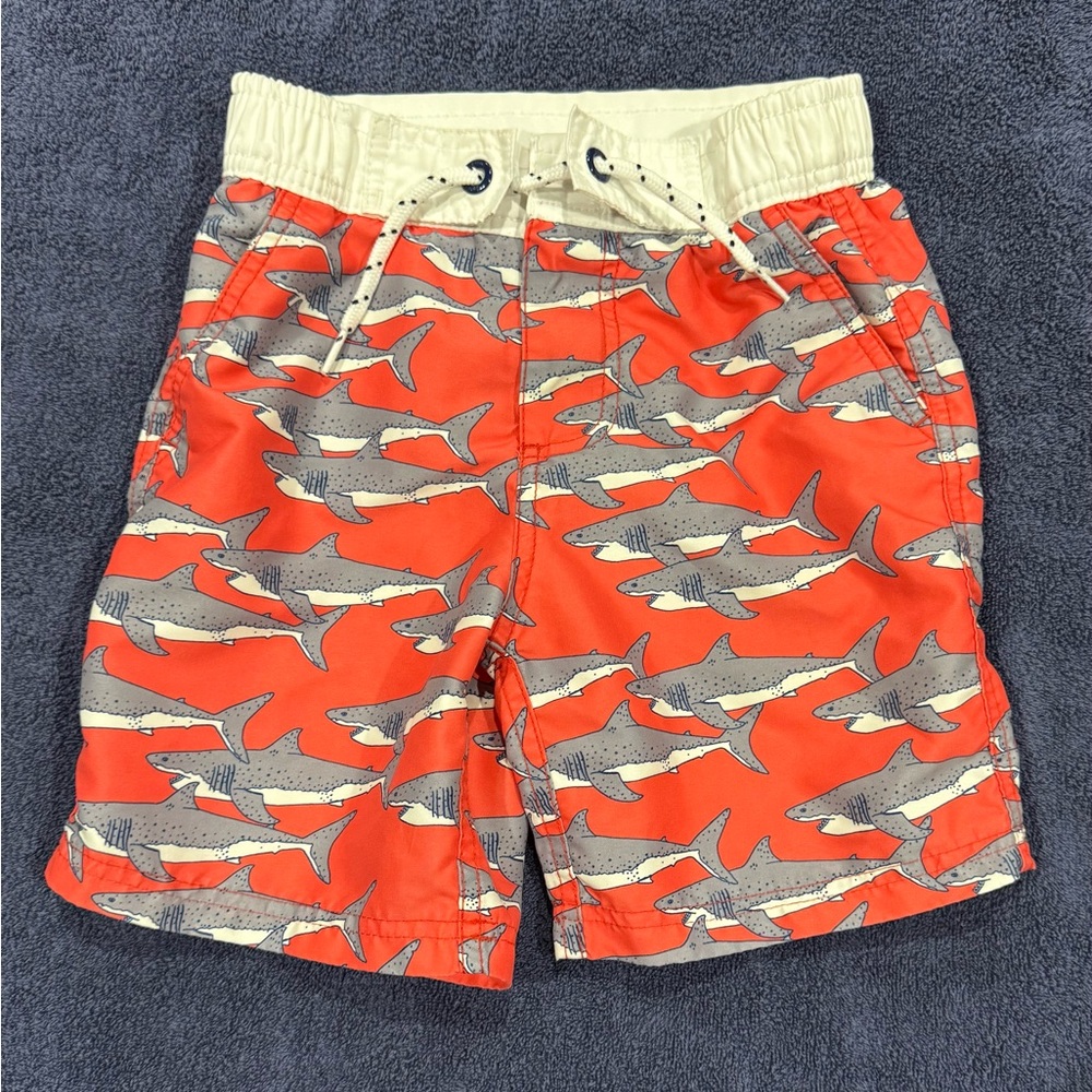 Mini Boden Kids Swim Trunks - Red and Gray Shark Print